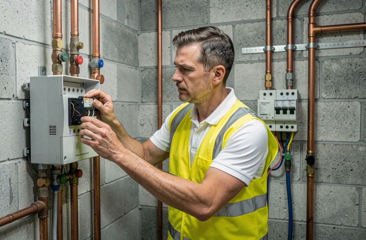 Technicien de ABM Plomberie Electricité Générale inspectant un tableau électrique et des canalisations dans une chaufferie à Fréjus