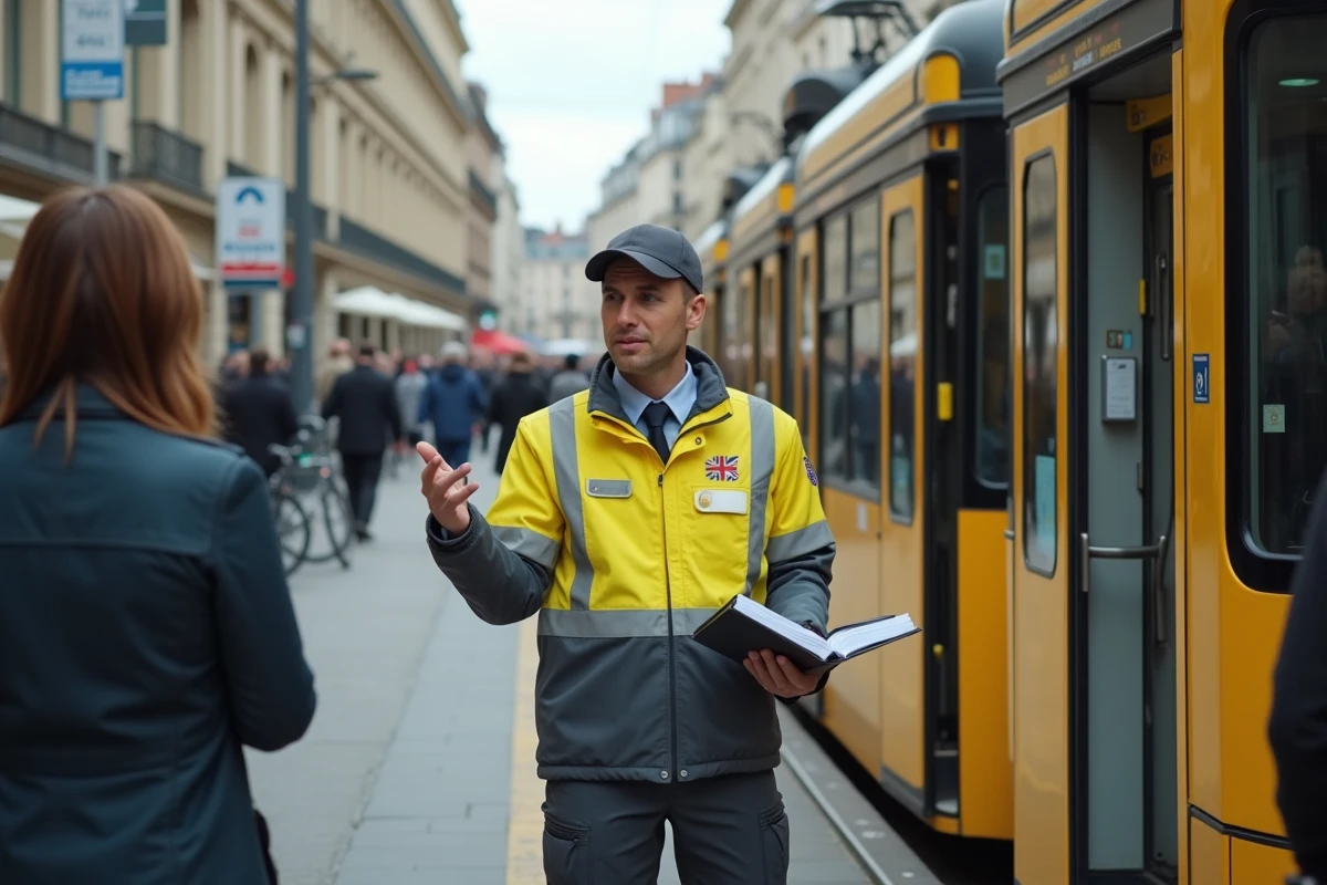 Agent de la ligne 2 du tramway de Nantes guidant des passagers lors d'une interruption de service