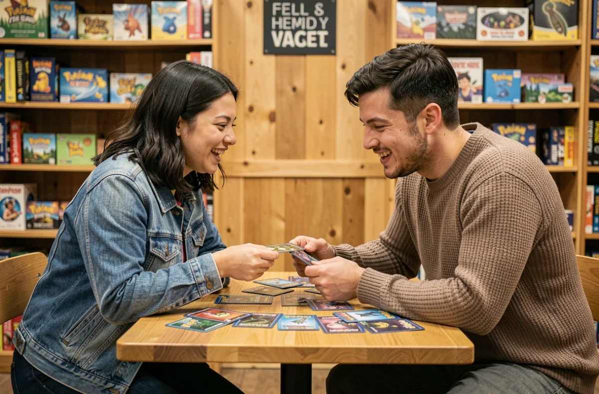 Deux amis adultes comparant leurs cartes Pokémon dans un café jeu convivial, discutant de leur collection avec enthousiasme