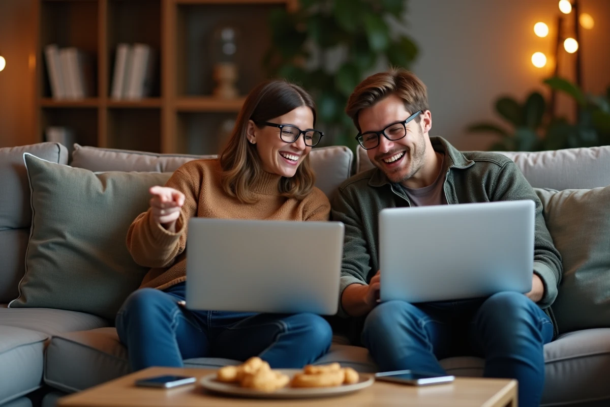 Deux amis jouant ensemble à un jeu MMORPG en coop sur des laptops dans un salon cosy