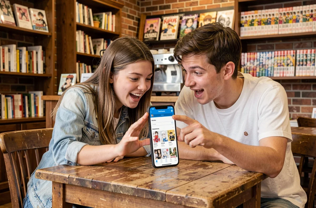 Deux amis découvrant ensemble un manga oublié grâce aux filtres d'un site de recherche dans un café librairie
