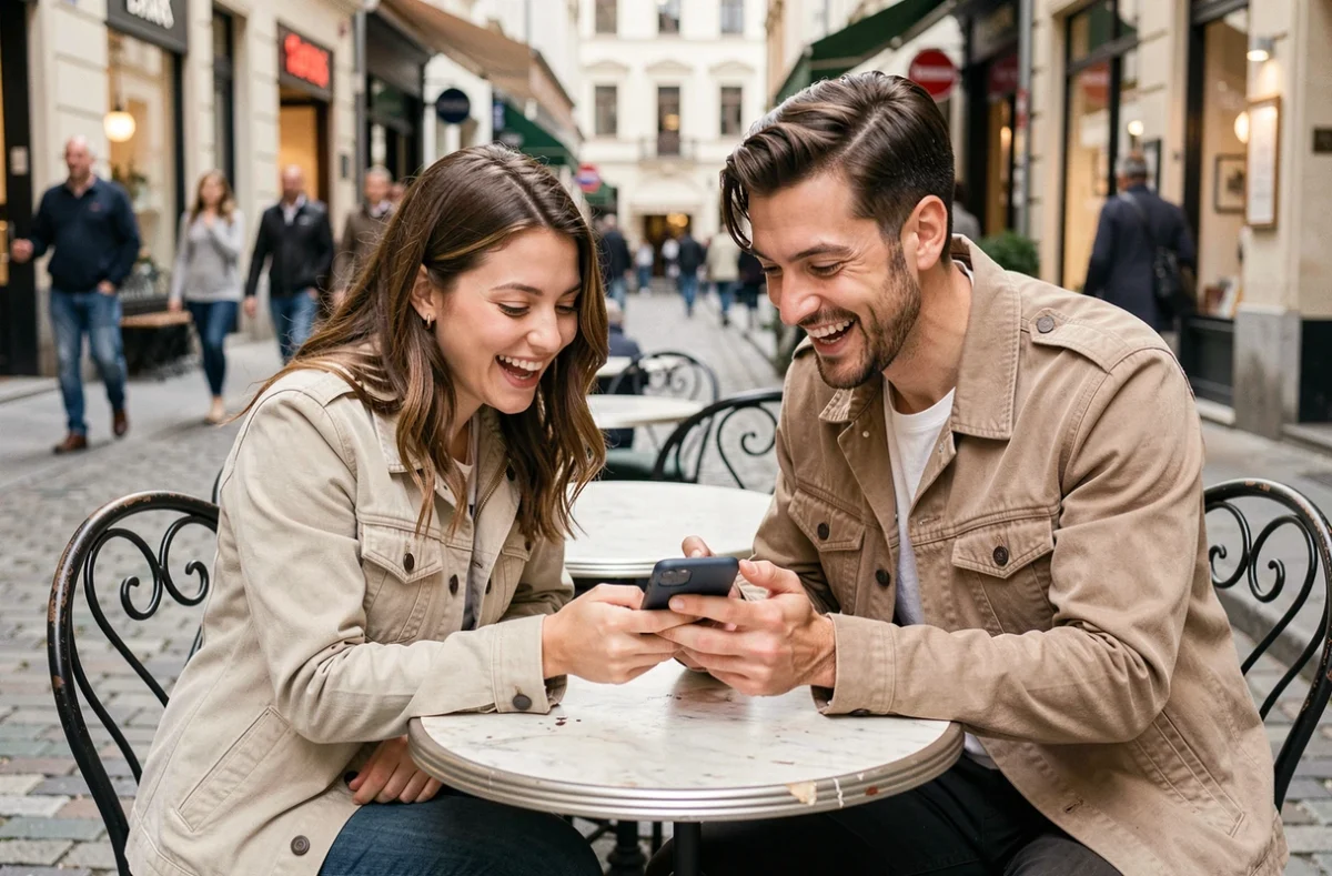 Deux amis partageant des astuces pour obtenir des lancers gratuits sur Monopoly GO en terrasse