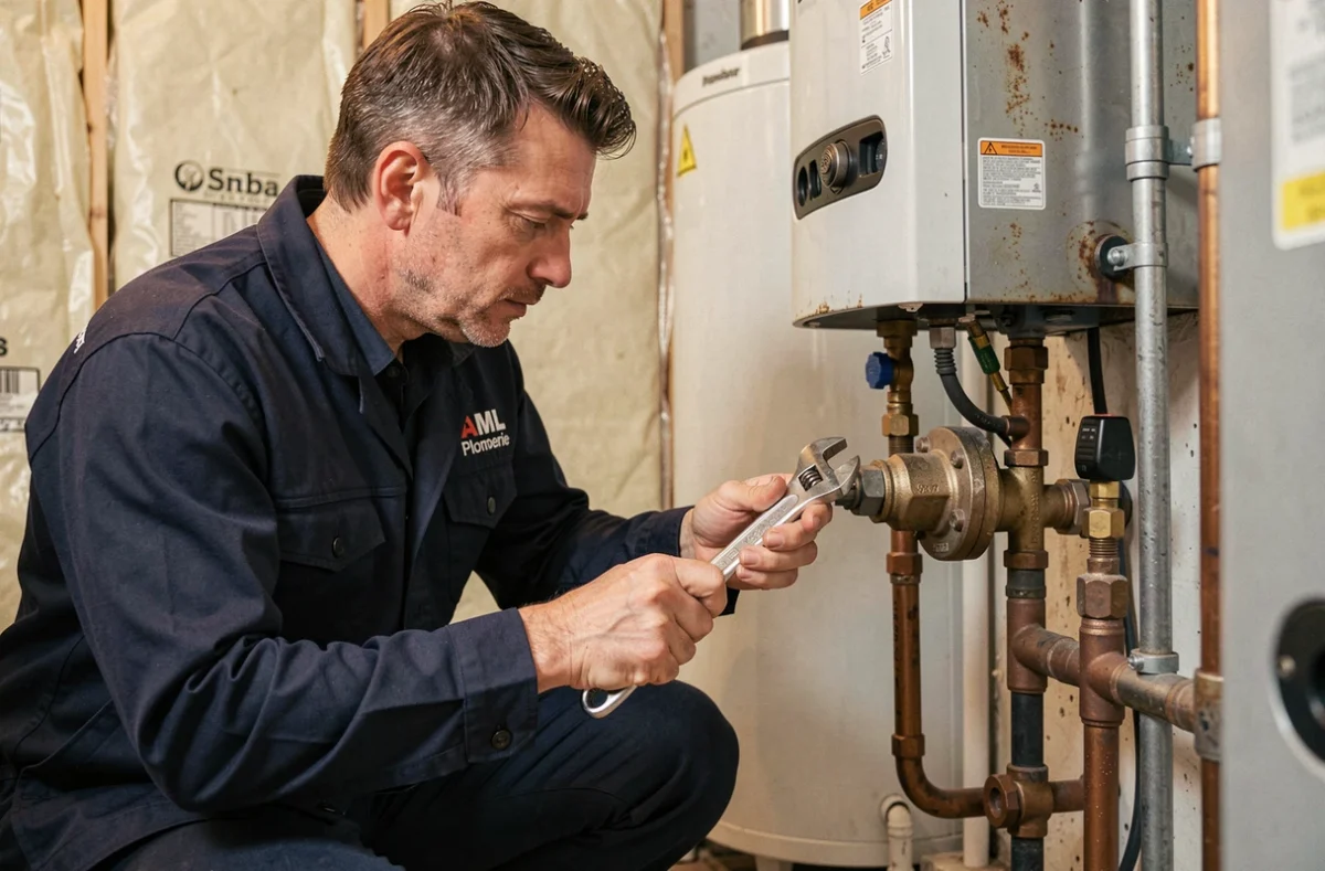 Technicien d'AML Plomberie Chauffage effectuant la maintenance d'une chaudière