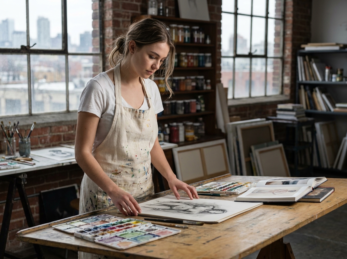 Étudiante en année de préparation aux études artistiques examinant un dessin dans un atelier d'art avec esquisses et matériel de peinture