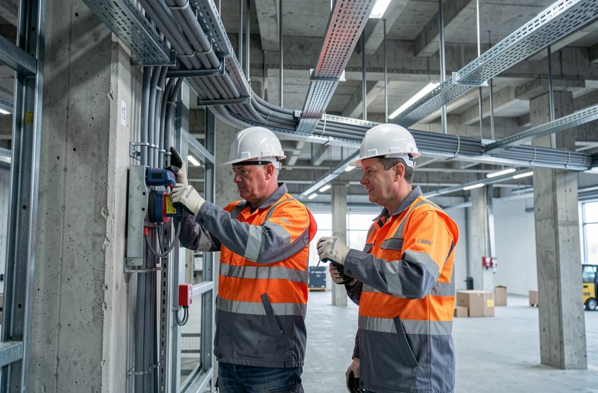 Équipe ANTE installant des conduits électriques dans un bâtiment commercial en Normandie