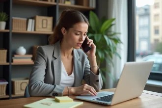 Femme en télétravail utilisant son smartphone pour appeler à l'international depuis son bureau à domicile, illustrant les bonnes pratiques pour éviter les surtaxes téléphoniques
