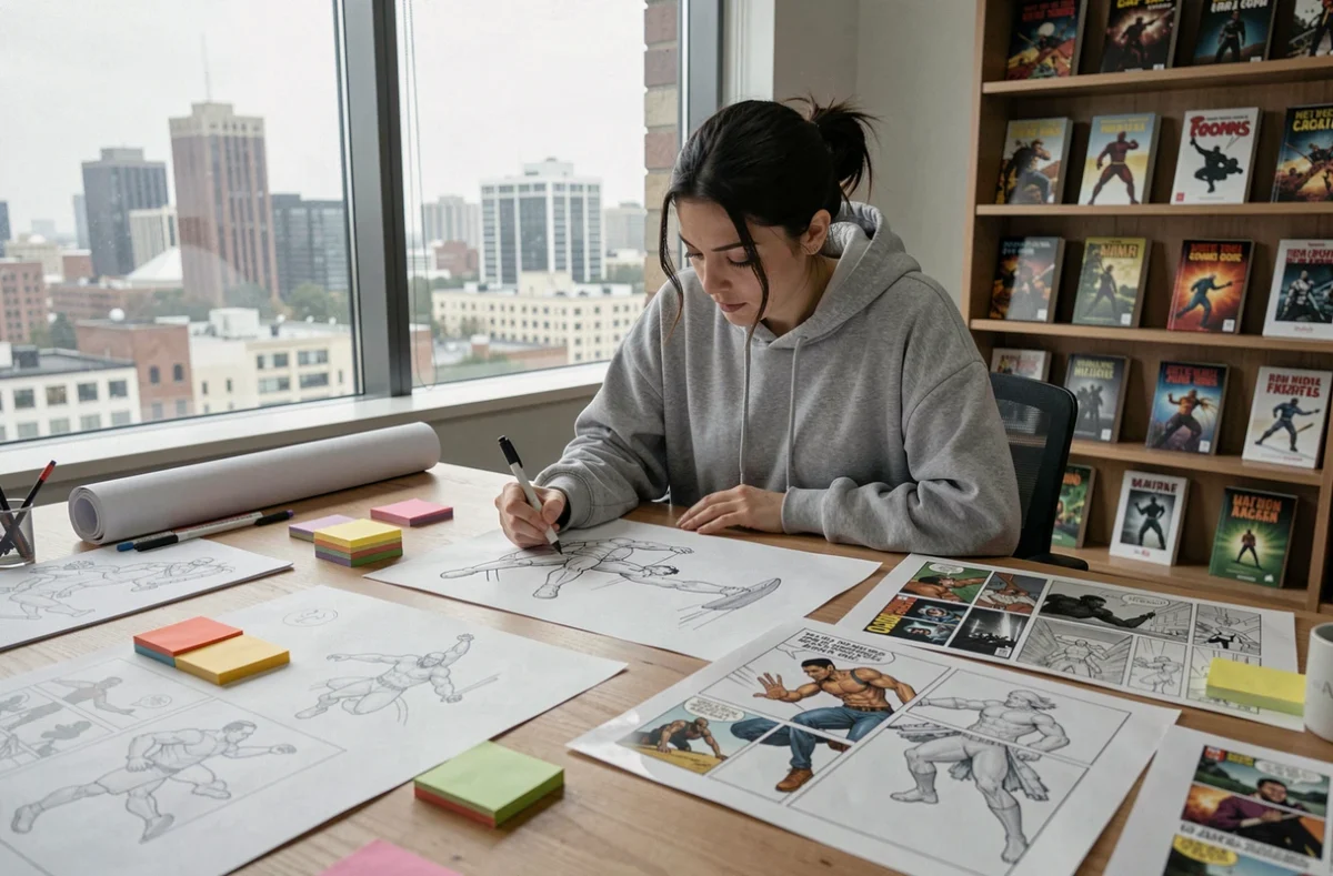 Artiste de storyboard travaillant sur une séquence d'action pour un film Marvel, illustrant le lien entre bande dessinée et cinématographie
