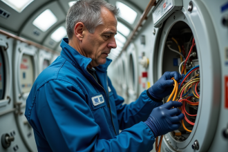 Astronaute en combinaison bleue réparant des câbles dans l'ISS