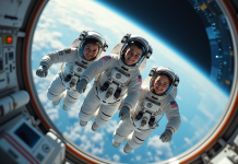 Groupe d'astronautes dans la station spatiale en 2025