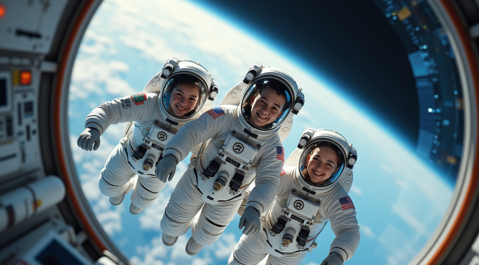 Groupe d'astronautes dans la station spatiale en 2025