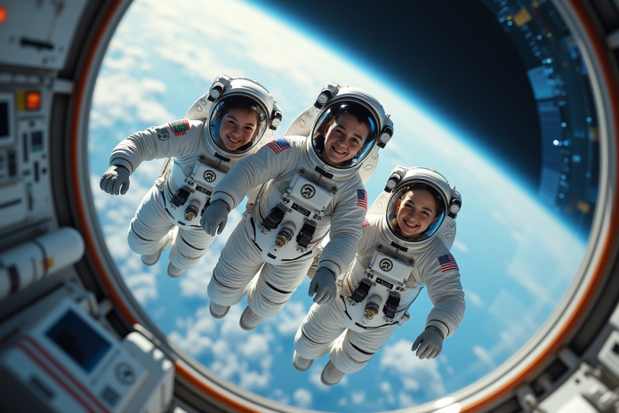 astronautes-espace-station-2025 Groupe d'astronautes dans la station spatiale en 2025