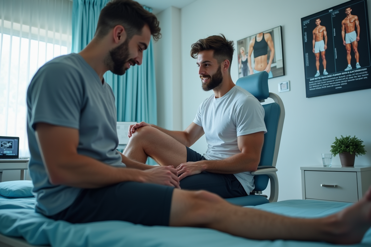 Jeune athlète recevant une échographie de la jambe en milieu médical