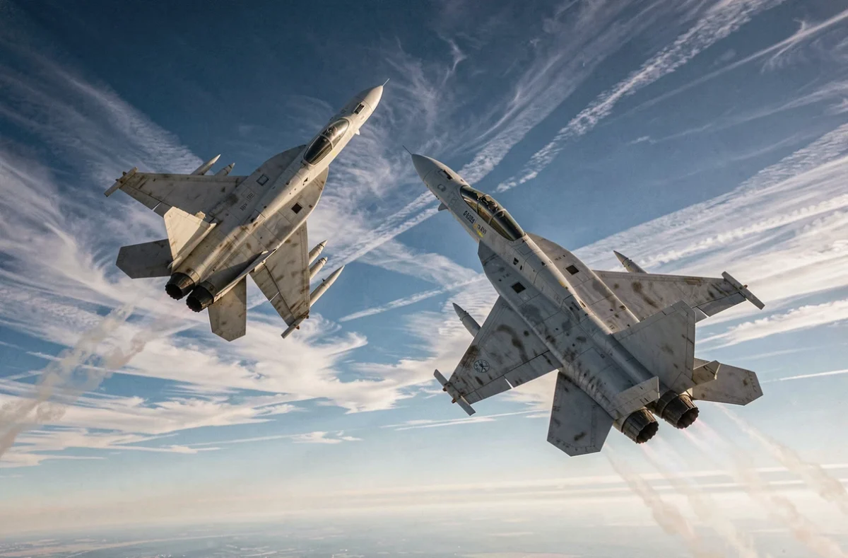 Deux avions de combat militaires en manœuvre à haute altitude laissant des traînées de condensation dans le ciel