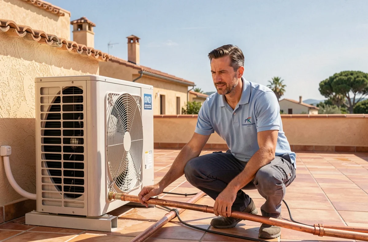 Technicien d'Azur Clim Plomberie installant une unité de climatisation sur une terrasse ensoleillée à Fréjus