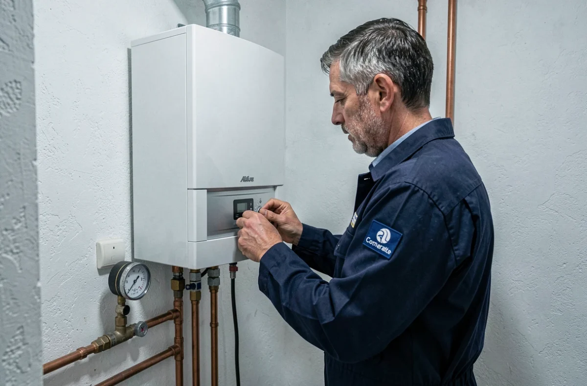 Technicien d'Azur Plomberie Chauffage réglant une chaudière murale dans la chaufferie d'un appartement à Fréjus