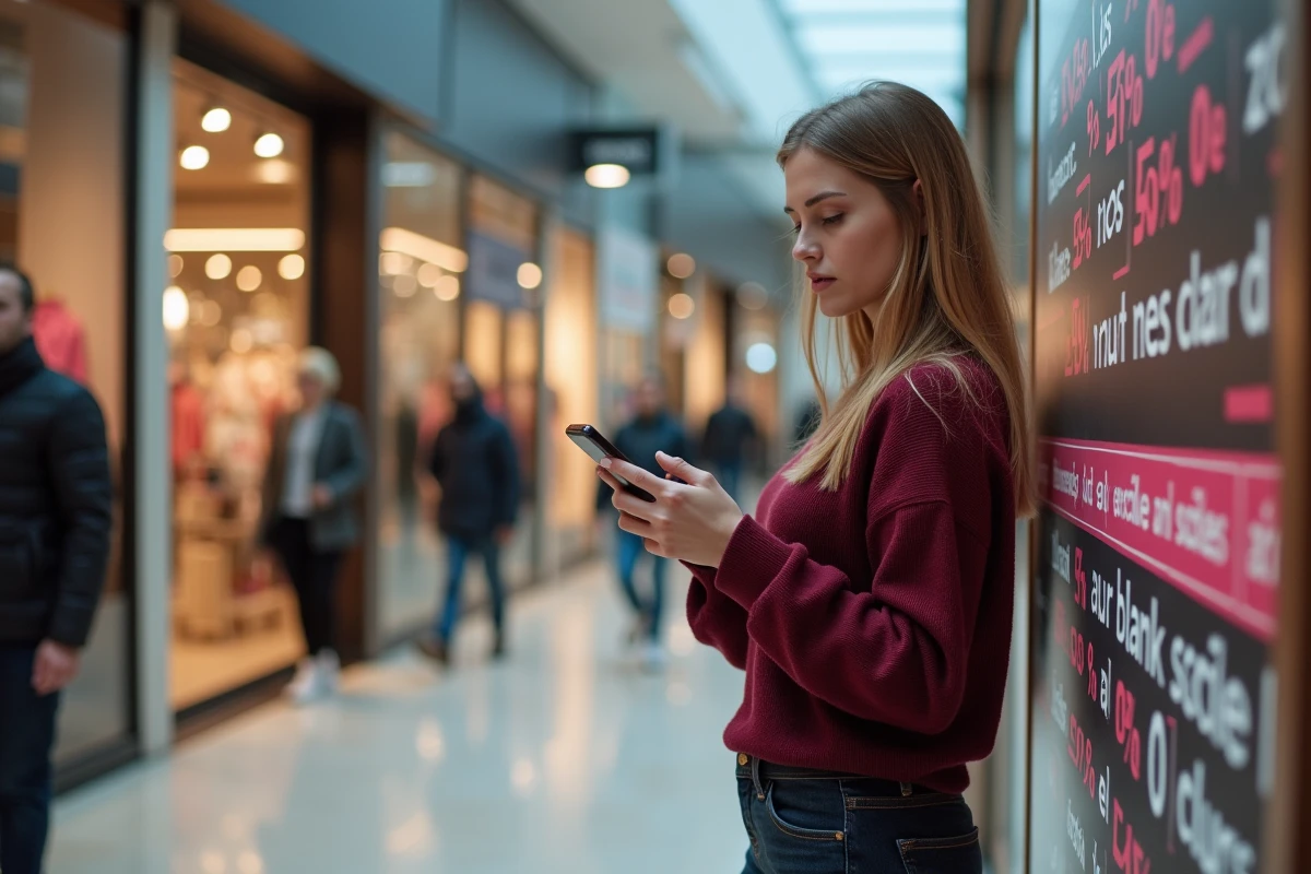 Femme consultant son smartphone devant des promotions Black Friday dans un centre commercial français en novembre