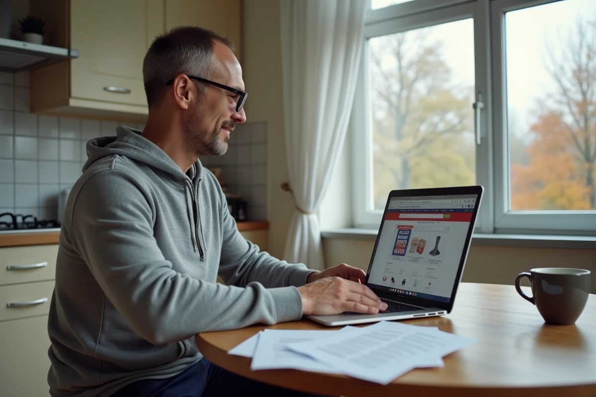 Homme à la maison comparant des offres en ligne pour le Black Friday novembre 2026 sur son ordinateur portable