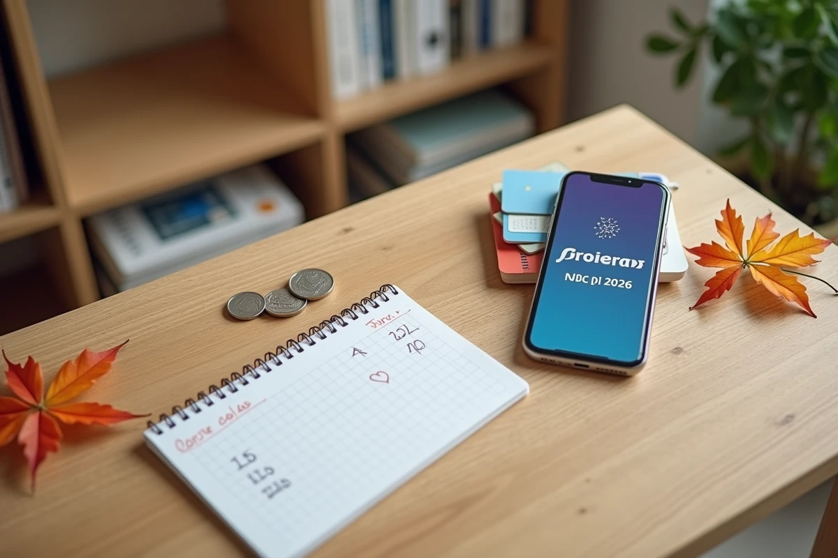 Flat-lay de planification des achats pour les promotions Black Friday et novembre 2026 en France avec smartphone et liste de courses