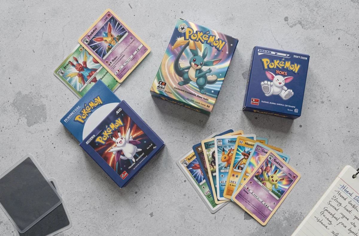 Vue aérienne de boosters et cartes Pokémon 2026 disposés sur une surface en béton, dont certaines cartes holographiques ouvertes