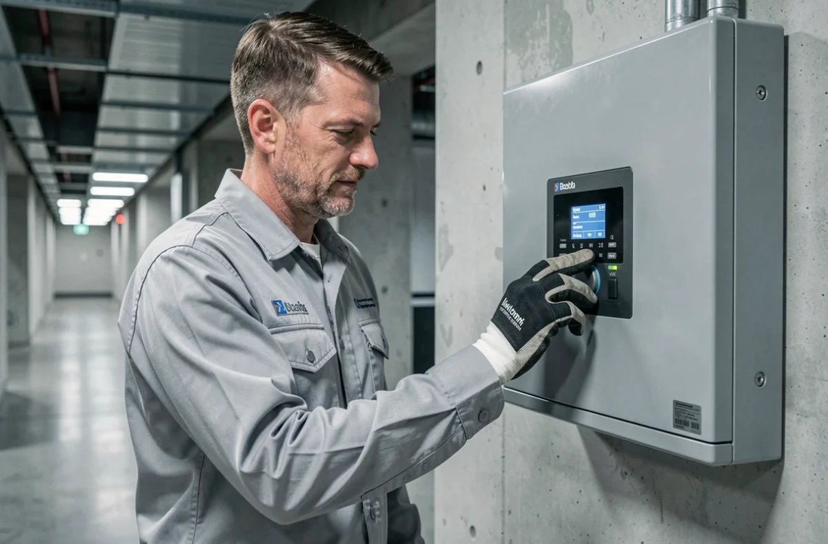 Technicien de Bouvry Technique Chauffage Climatisation inspectant une unité de climatisation commerciale