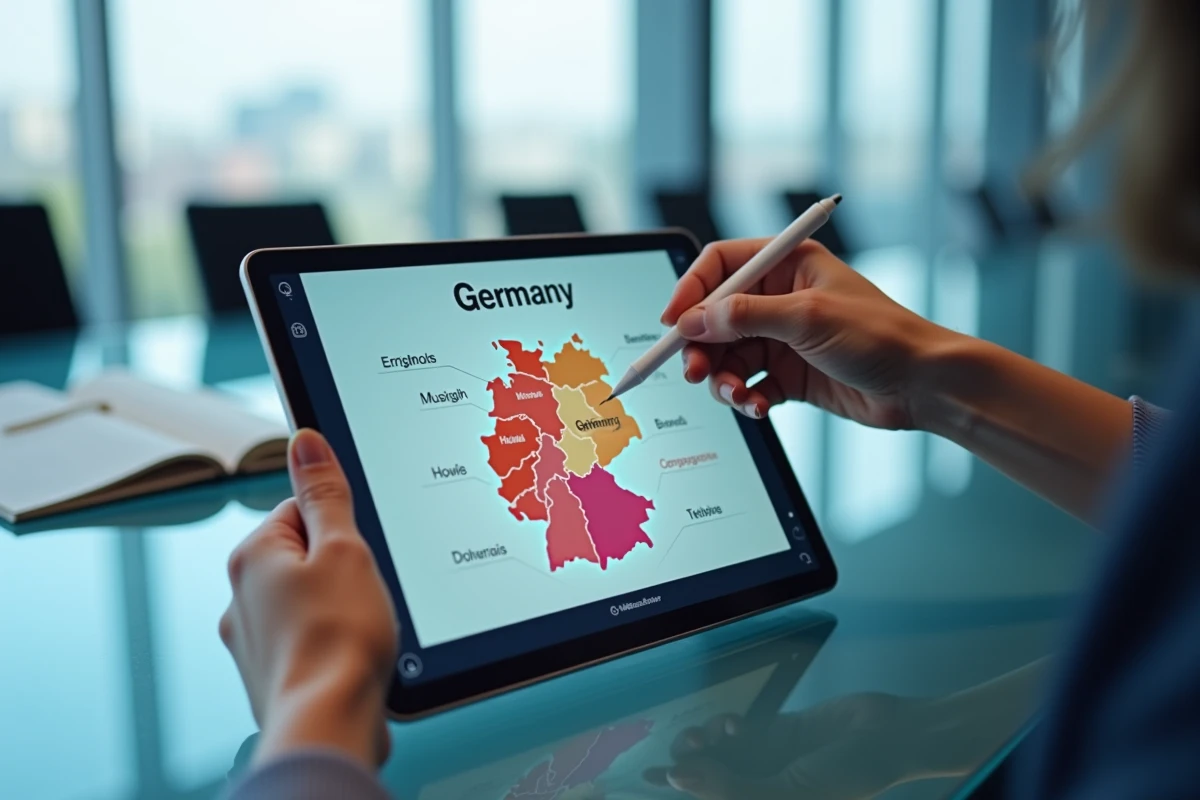 Main de femme naviguant sur une carte interactive numérique des Länder allemands sur tablette en bureau moderne