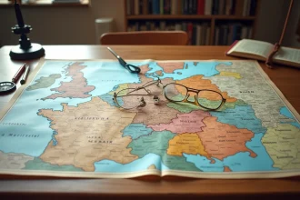 Carte détaillée des Länder allemands étalée sur un bureau en bois avec boussole et lunettes, version mise à jour 2026