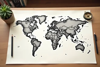Carte du monde vierge à compléter posée sur un bureau en bois avec des crayons de couleur et un compas en laiton