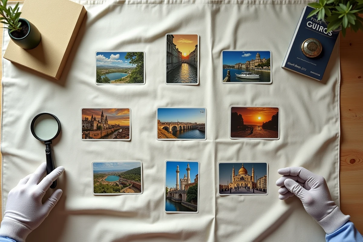 Collection de cartes téléphoniques rares disposées en flat lay avec loupe et guide de cotes pour évaluation philatélique
