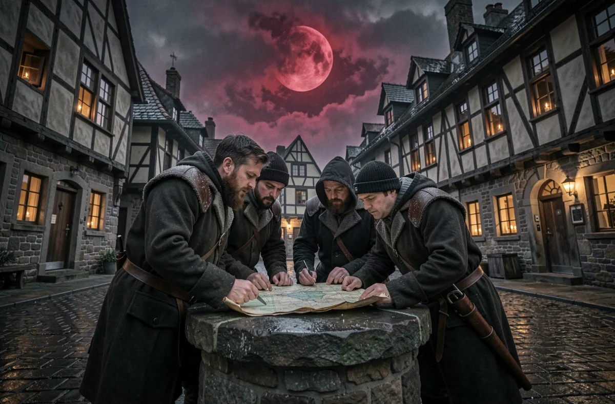 Groupe de chasseurs de démons réunis dans un village médiéval nocturne sous une lune rouge et menaçante