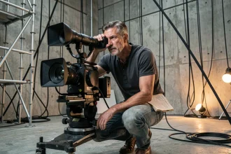 Cinématographe professionnel cadrant une scène dans un grand studio de cinéma, illustrant la narration visuelle dans les productions Marvel