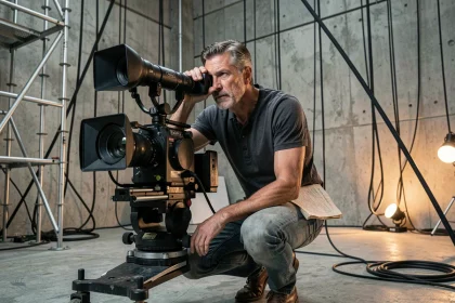Cinématographe professionnel cadrant une scène dans un grand studio de cinéma, illustrant la narration visuelle dans les productions Marvel