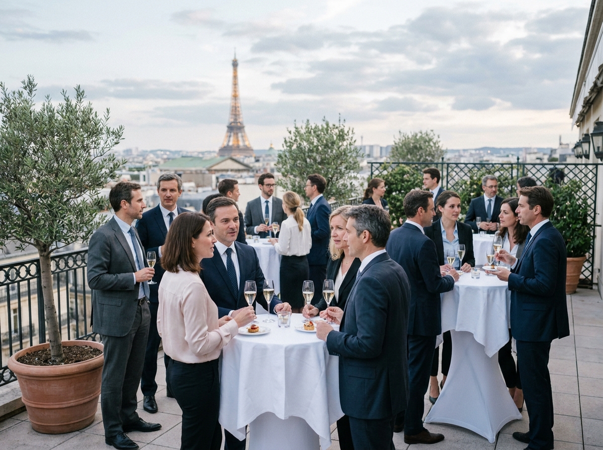 Cocktail d'entreprise sur une terrasse parisienne avec vue sur la Tour Eiffel lors d'un événement professionnel réussi
