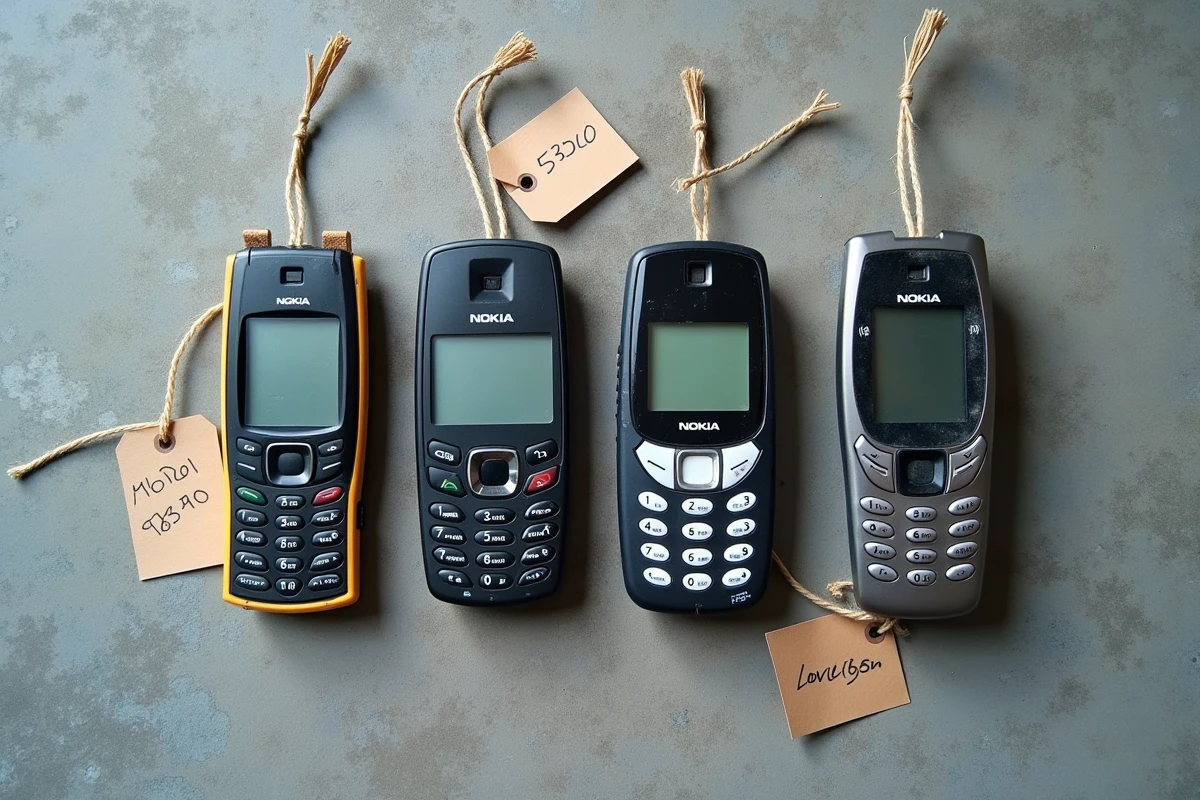 Collection de quatre Nokia anciens modèles disposés en flat lay sur béton avec étiquettes de prix pour un guide d'achat vintage