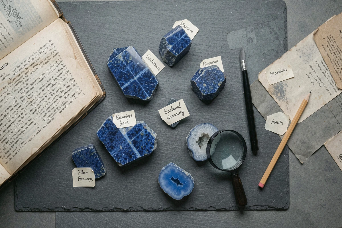 Collection de pierres bleues variées avec étiquettes d'identification sur un bureau d'étude, illustrant les différences entre les types de pierres et leurs significations