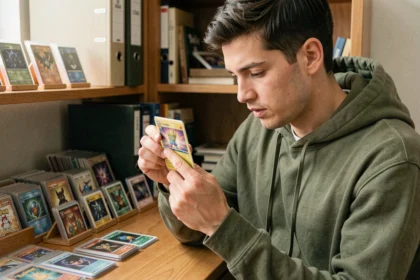 Jeune collectionneur adulte examinant une carte Pokémon à son bureau organisé, entouré de classeurs et protège-cartes