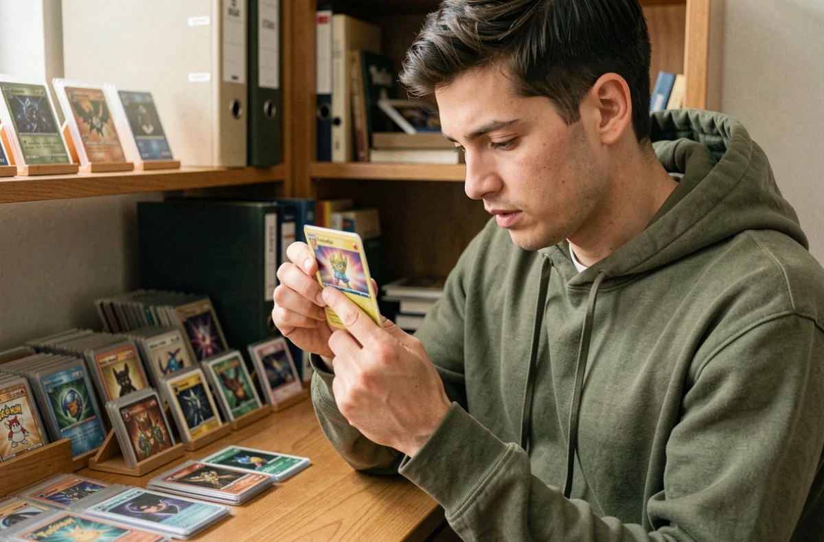 Jeune collectionneur adulte examinant une carte Pokémon à son bureau organisé, entouré de classeurs et protège-cartes