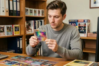 Collectionneur adulte examinant attentivement une carte Pokémon holographique rare à son bureau