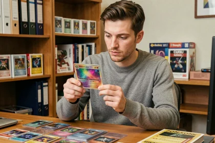 Collectionneur adulte examinant attentivement une carte Pokémon holographique rare à son bureau