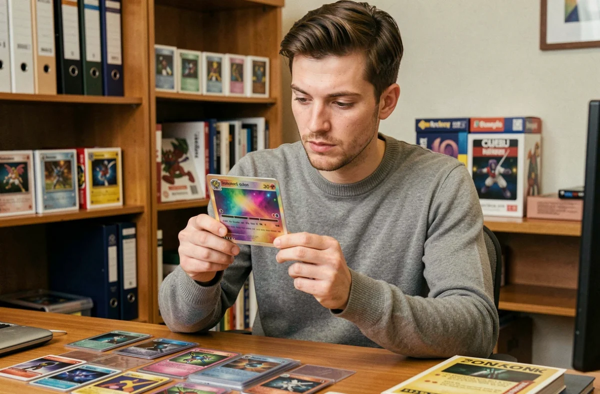 Collectionneur adulte examinant attentivement une carte Pokémon holographique rare à son bureau