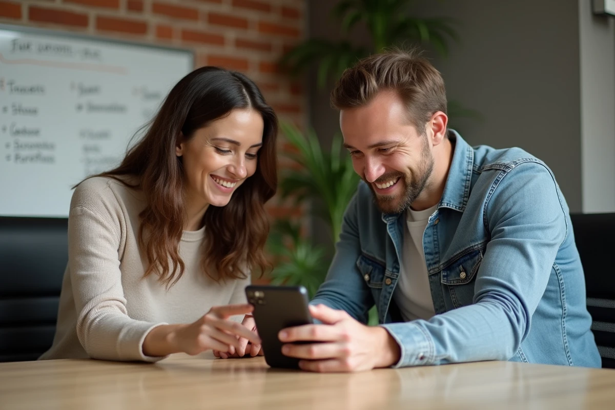 Deux collègues en réunion analysant les options d'appels internationaux sur un smartphone pour comprendre le code 32 et éviter les numéros surtaxés au bureau