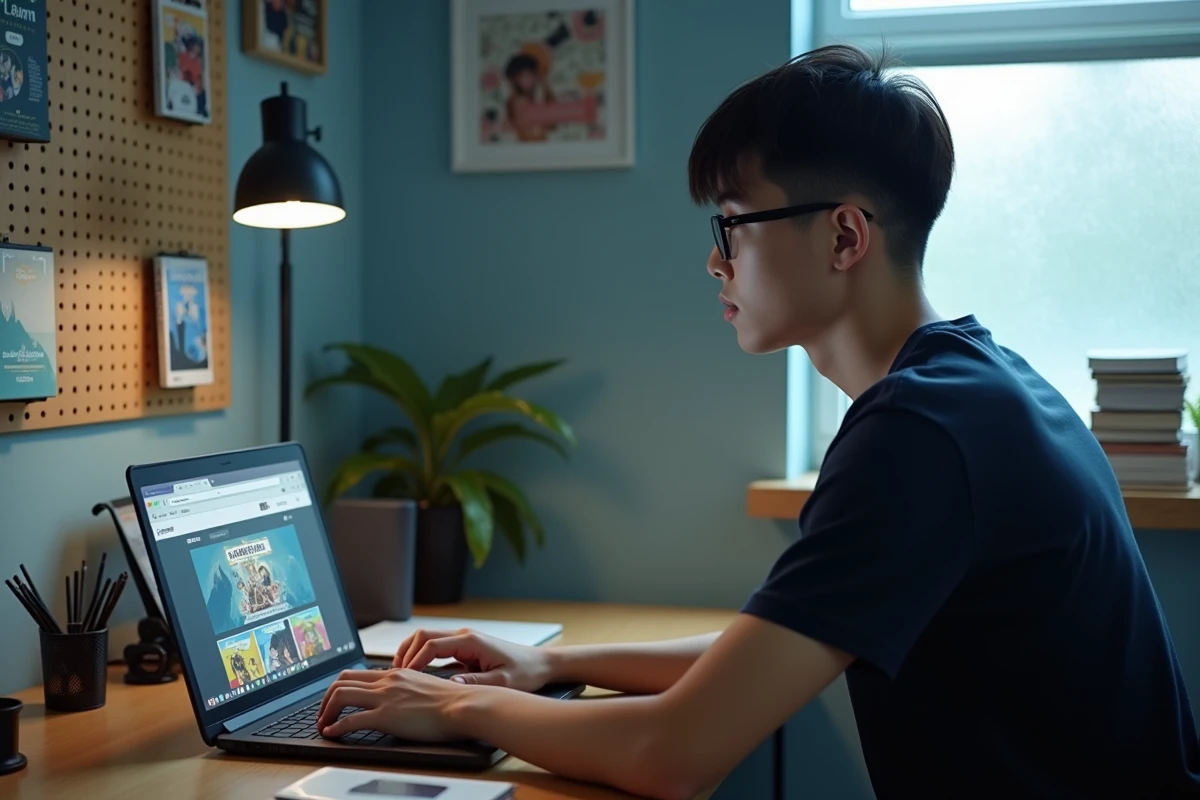 Homme cherchant où lire des mangas légalement en ligne sur son ordinateur portable depuis son bureau à domicile
