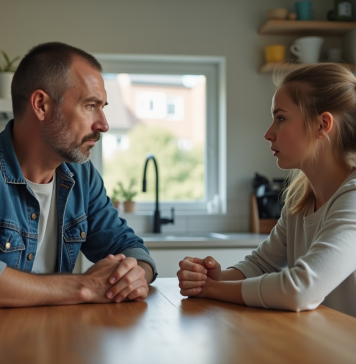Un homme et une adolescente en conflit dans une cuisine moderne