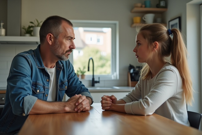 conflit-familial-cuisine Un homme et une adolescente en conflit dans une cuisine moderne