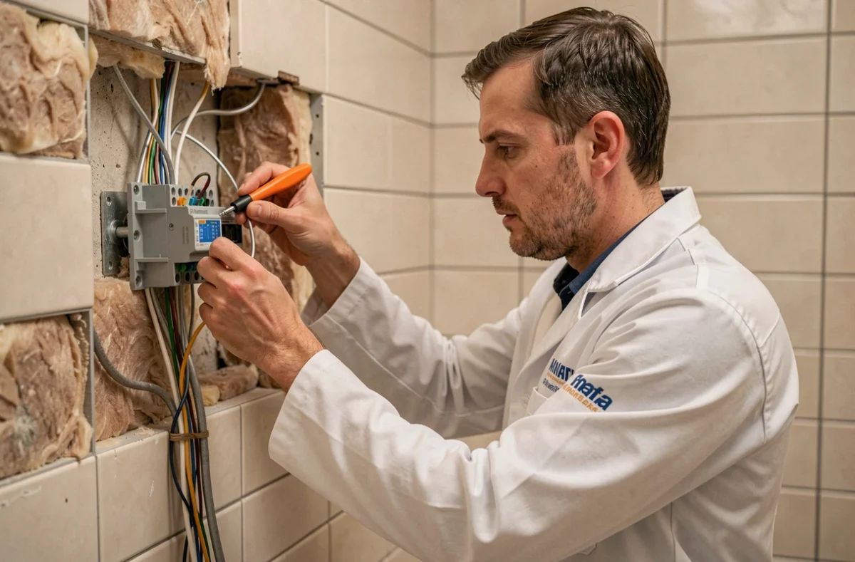 Confort Électrique Habitat réalisant une rénovation électrique dans une salle de bain résidentielle