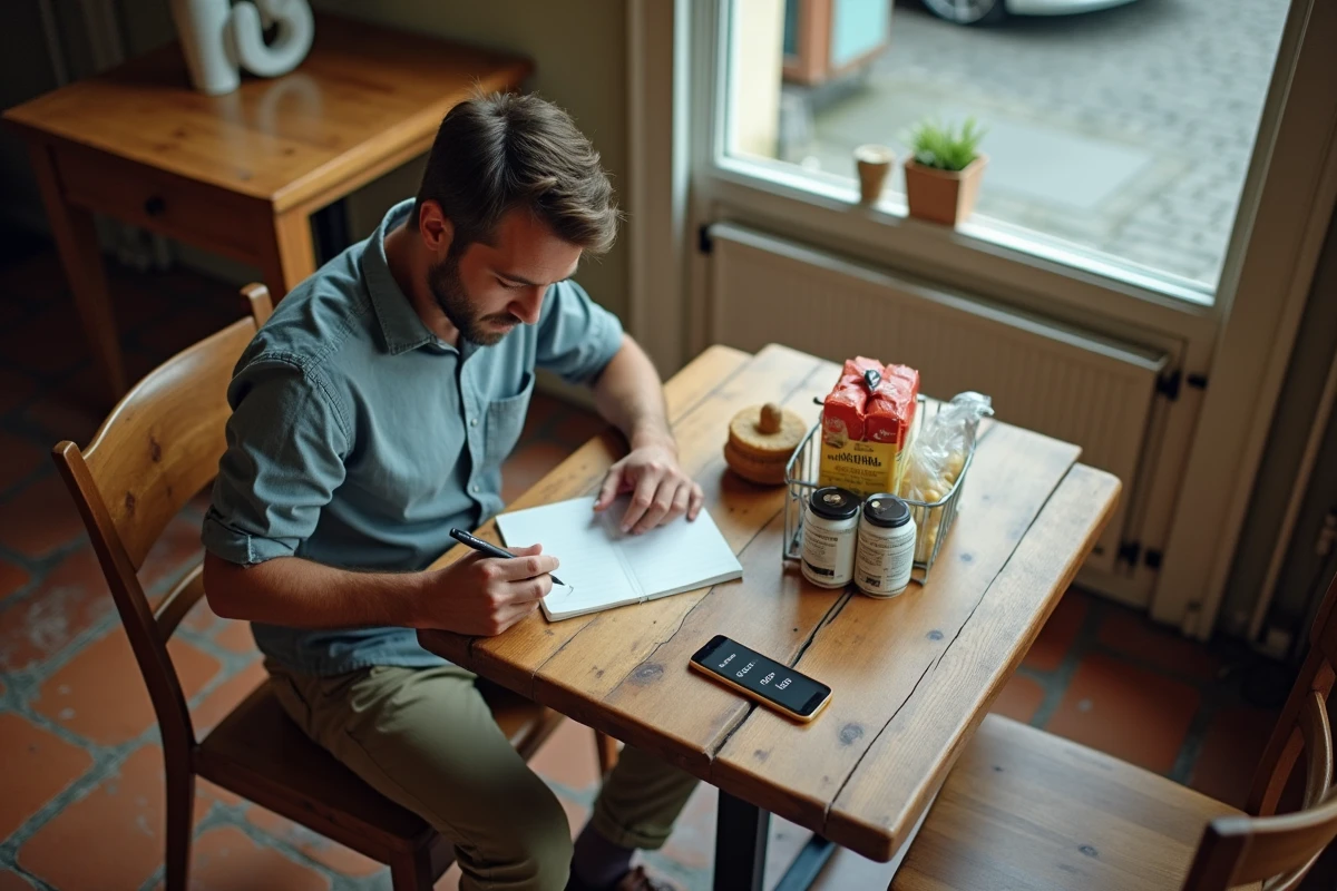 Voyageur convertissant des livres en kilogrammes avec un smartphone et un carnet dans un café à l'étranger