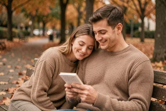 Jeune couple amoureux partageant un poème sur un banc de parc en automne, moment tendre et complice au début d'une relation