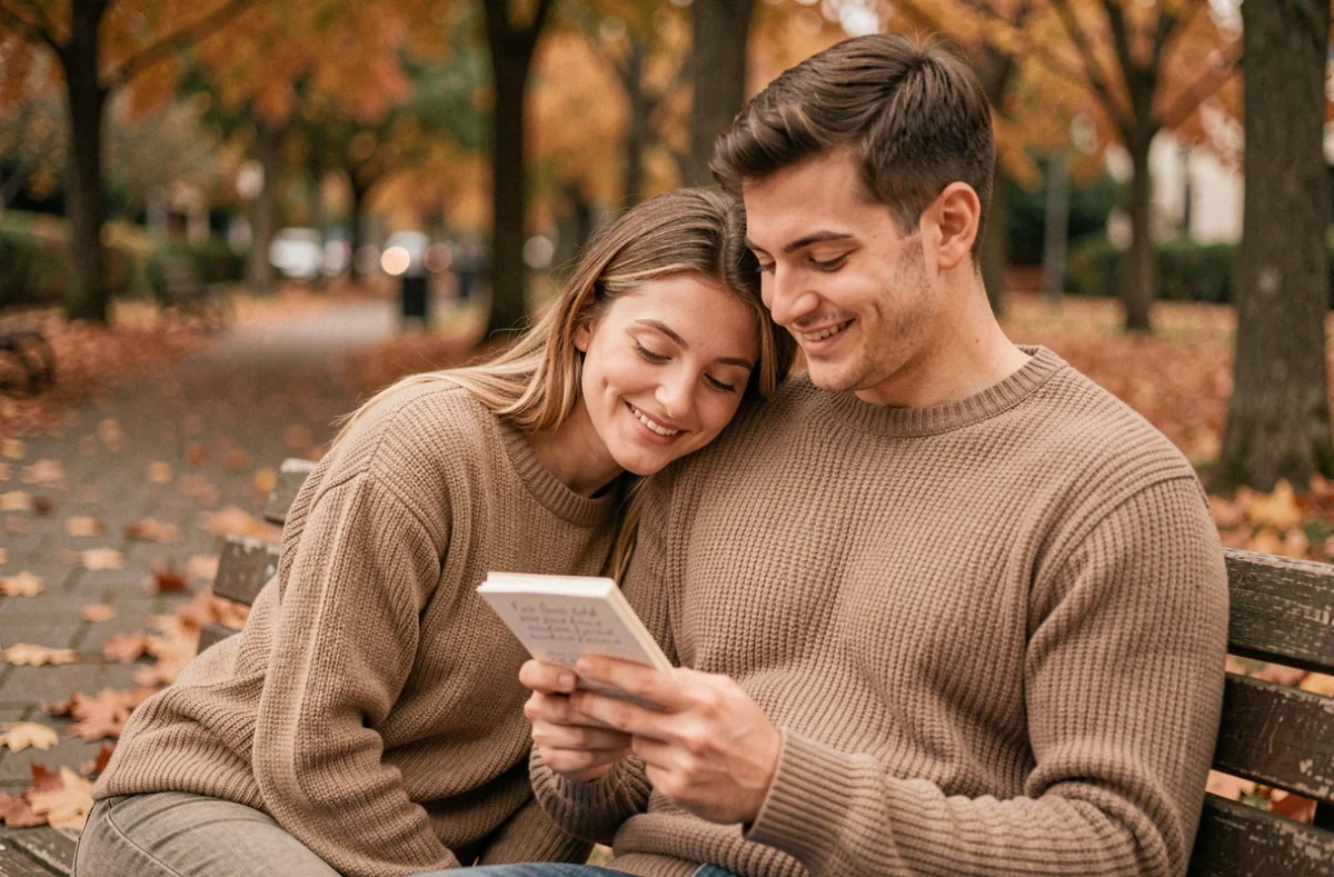 Jeune couple amoureux partageant un poème sur un banc de parc en automne, moment tendre et complice au début d'une relation
