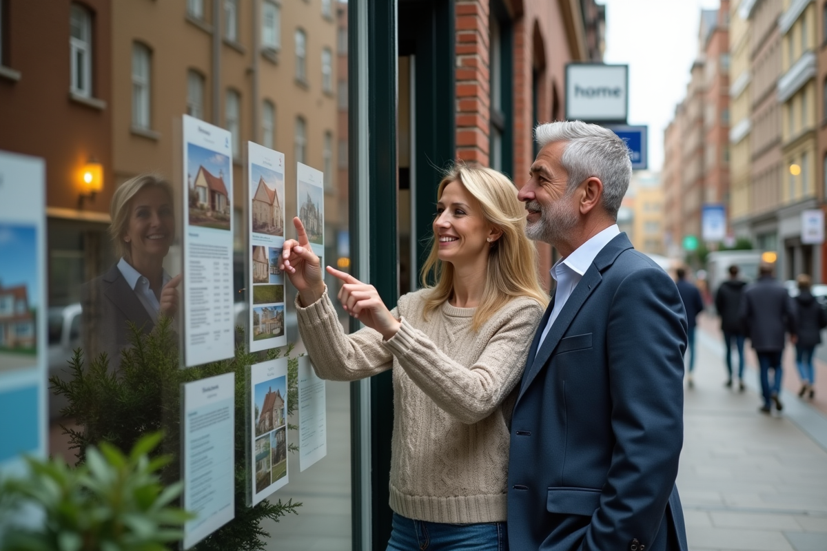 Couple regardant des annonces immobilières devant une agence