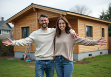 Jeune couple souriant devant leur maison moderne en construction