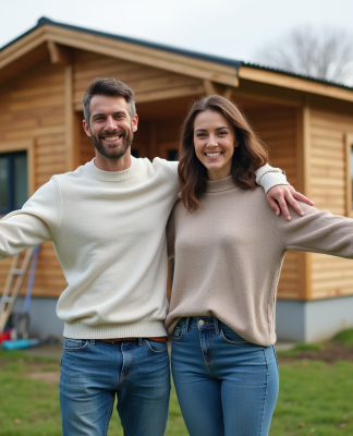 Jeune couple souriant devant leur maison moderne en construction